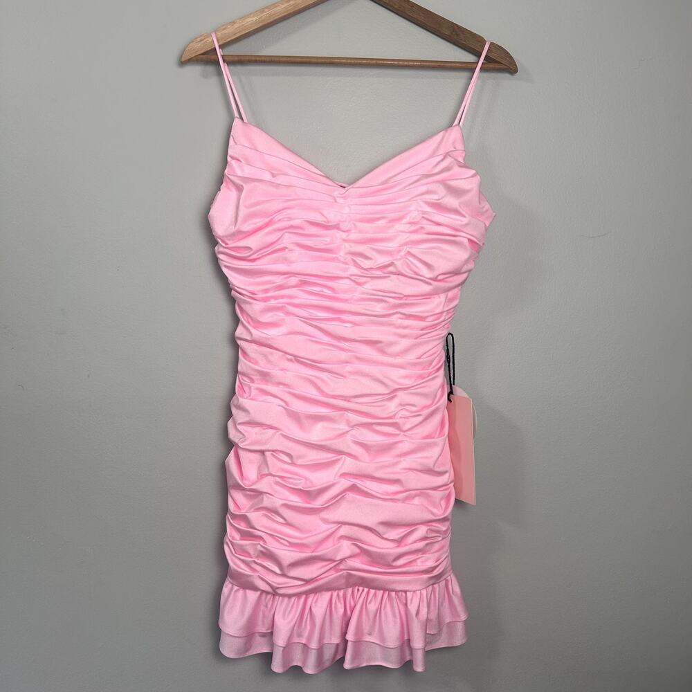 KissProm Spaghetti Strap Sheath Lace Up Back Homecoming Dress Ruched Ruffle sz 9